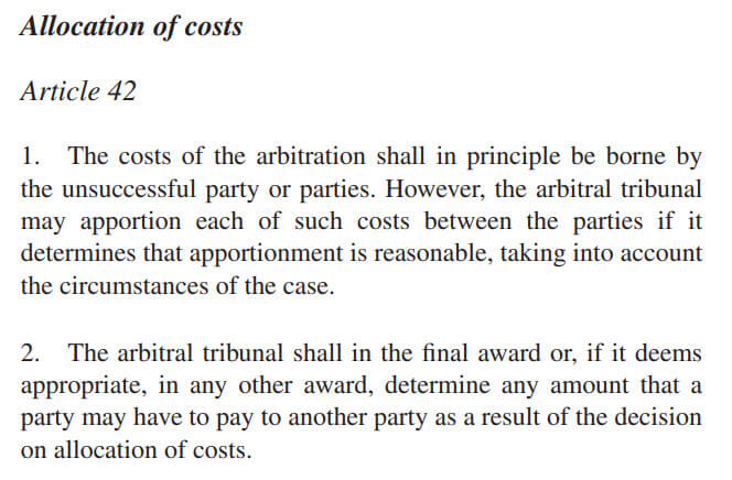 Recuperabilidade de custos de arbitragem - UNCITRAL