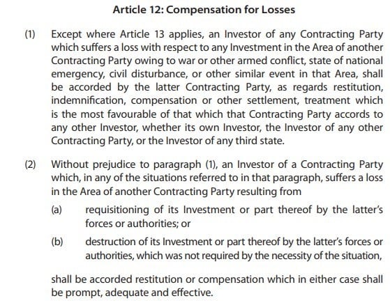 Indemnisation pour clauses de guerre Arbitrage d'investissement